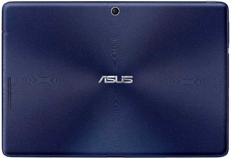 Rear view of blue ASUS tablet with textured back, centered logo, top-center camera, and left-side speaker grille.