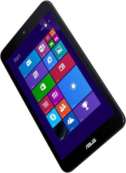 Front angled view of a black Asus tablet with Windows 8 start menu and colorful app tiles on the screen.