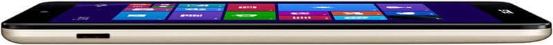 Smartphone in rear view, black front, gold edge, side charging port visible, showing Windows home screen with colorful tiles.