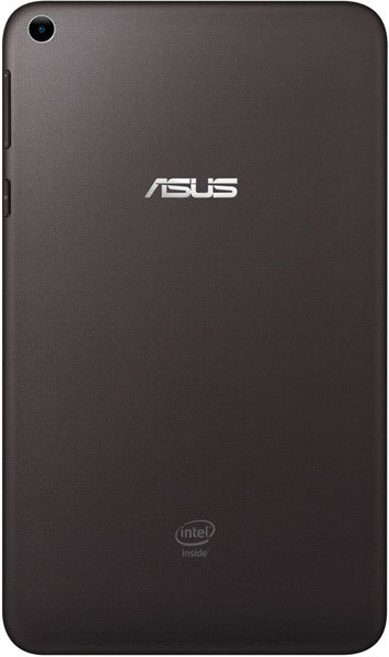 Rear view of a black Asus tablet showing the Asus logo, Intel Inside logo near the bottom, and camera in the top left corner.