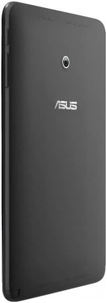 Asus tablet (model unspecified) rear angled view showing black finish, rear camera, centered Asus logo, and side buttons.
