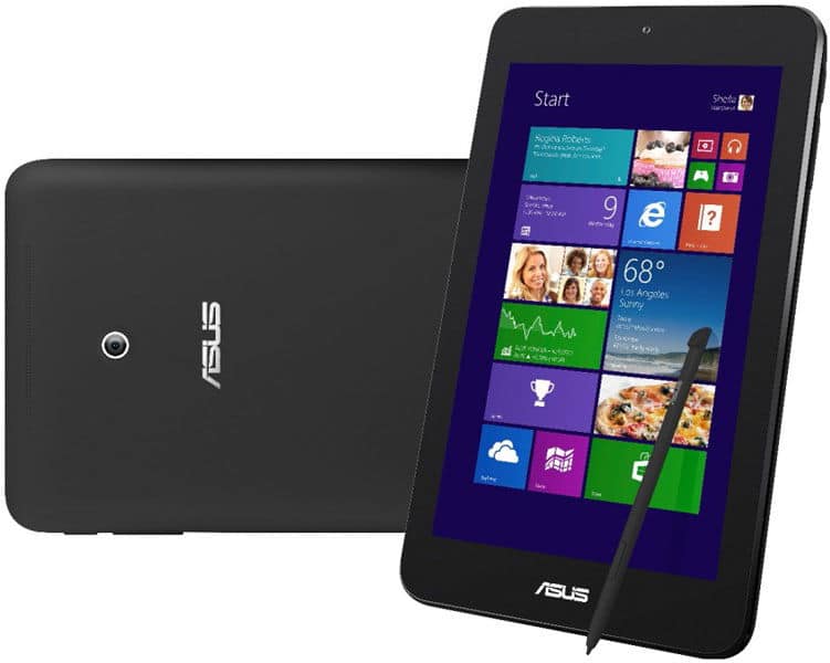 Asus tablet front view with Windows Start screen and stylus; rear view shows Asus logo. Model unspecified.