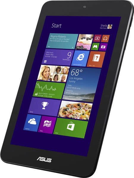 Front view of black ASUS tablet showing Windows 8 start screen with colorful app tiles, profiles, and app notifications.