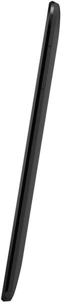 Side profile of a slim black tablet, brand and model unspecified, on white background, highlighting thin design.
