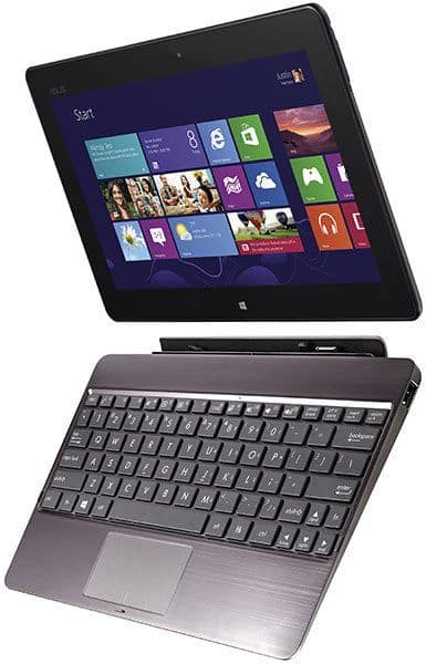 Front view of a Microsoft Surface Pro 2 detached from its black keyboard, displaying the Windows 8 start menu.