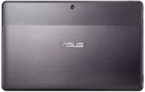 Rear view of Asus tablet with metallic finish, centered top rear camera, and Asus logo in the middle of the back panel.