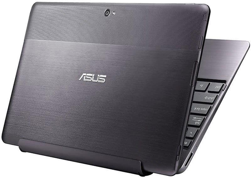 Rear view of a partially open black Asus tablet with detachable keyboard, Asus logo, and rear camera near the top center.