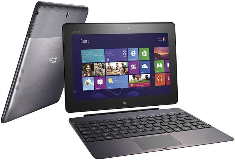 ASUS Transformer hybrids shown front (Windows Start menu) and rear (ASUS logo), both dark gray with detachable keyboards.