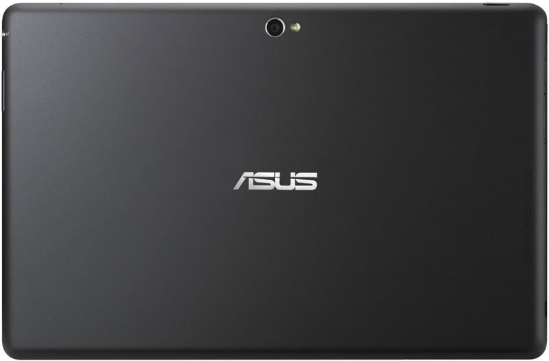 Rear view of a black ASUS tablet showing central logo, top-center camera, and adjacent flash for device comparison.