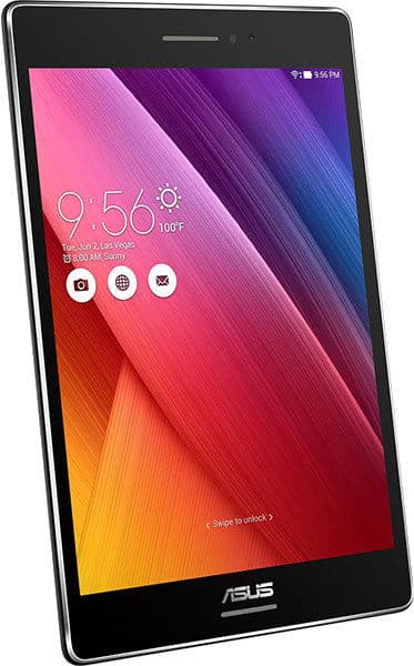 Front view of a black Asus tablet tilted slightly, showing a vibrant home screen with 9:56 time, 100°F, and app icons.