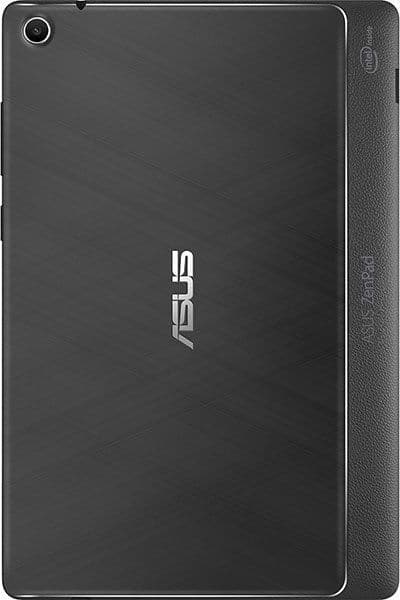 Rear view of black ASUS tablet with central ASUS logo, Intel logo near the edge, and camera at top left corner.
