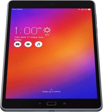 Front view of black-framed tablet showing home screen with time, date, sunny 67°F weather, and icons for camera, gallery, email.