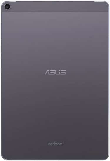 Rear view of ASUS tablet, likely ZenPad, in dark gray with top-left camera, centered ASUS logo, and Verizon branding at bottom.
