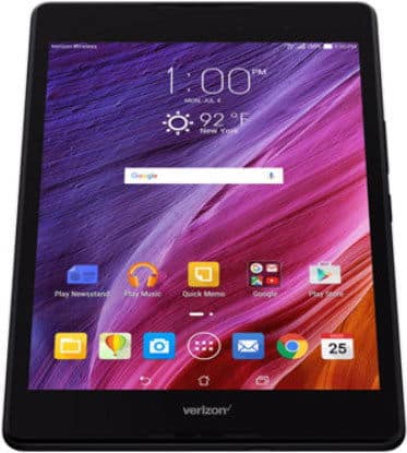 Front view of a black Verizon tablet showing colorful home screen, app icons, 1:00 PM, 92°F, and calendar date 25.