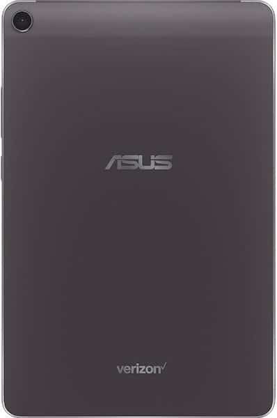 Rear view of a gray ASUS tablet, ASUS logo centered, rear camera top left, and Verizon logo near the bottom. Model unspecified.