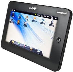 Augen tablet angled front view, home screen with app icons, blue abstract wallpaper, thick bezel, side physical buttons visible.