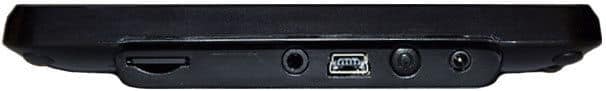 Side close-up of tablet ports: SD card slot, headphone jack, mini USB, circular port, and power input. Brand/model not shown.