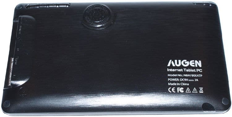Rear view of Augen Internet Tablet NBT7802ATP showing speaker, model info, power specs, and "Made in China" on black casing.