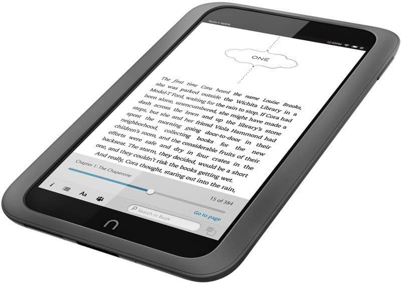 Front view of a gray tablet with rounded edges, e-book open, chapter start and reading progress visible on screen border.