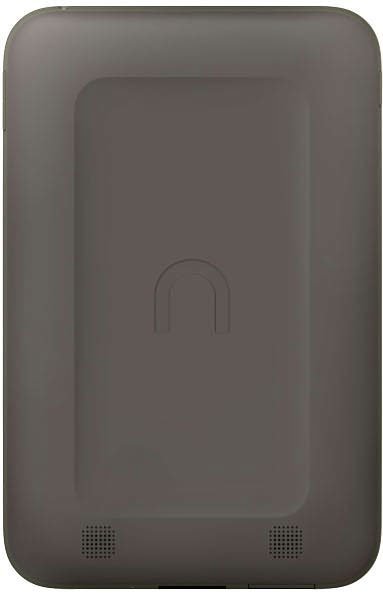 Barnes & Noble Nook tablet rear view with a matte gray finish, centered "n" logo, recessed rectangle, and dual bottom speakers.