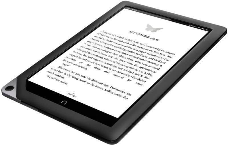 Black Kindle e-reader front angled view displaying an e-book, showing slim profile and partial bezel.