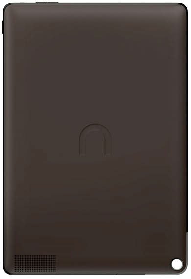 Matte black tablet, rear view; central logo, lower left speaker grille, upper right camera. Brand and model not specified.
