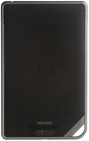 Rear view of a black Barnes & Noble Nook e-reader with center logo, bottom branding, and curved lower right corner.