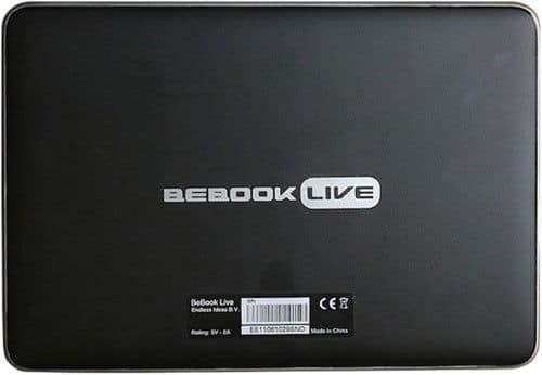 Rear view of the BeBook Live tablet showing branding at center and a barcode label with product info near the bottom edge.