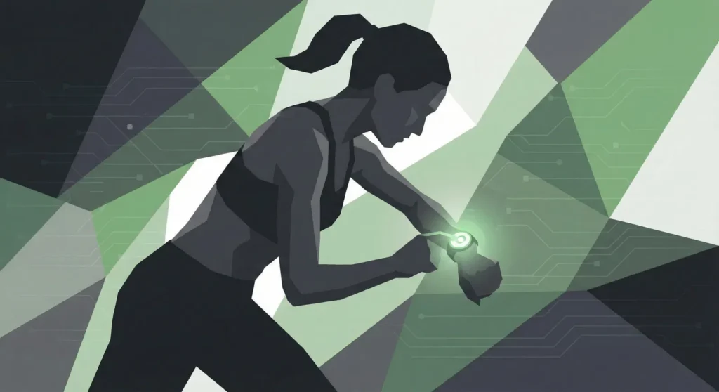 Front view of a woman in fitness wear checking a glowing 2025 smartwatch, with abstract green and gray shapes behind her.