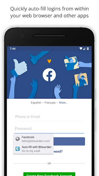 Front view of a smartphone showing Facebook login screen with Bitwarden auto-fill popup displaying account email and vault option.