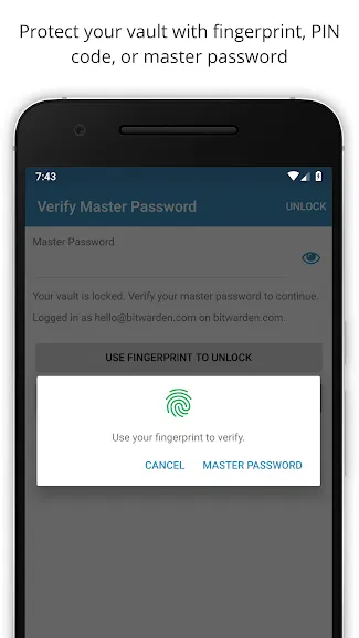 Front view of a smartphone showing a password manager app’s security prompt with fingerprint and master password unlock options.
