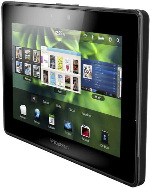 Front view of BlackBerry PlayBook showing home screen with app icons and open windows on a green abstract background.