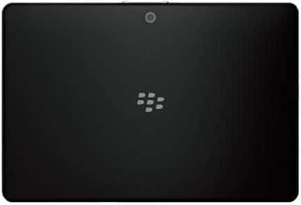 BlackBerry PlayBook rear view, showing top-center camera and centered BlackBerry logo on a black back panel.