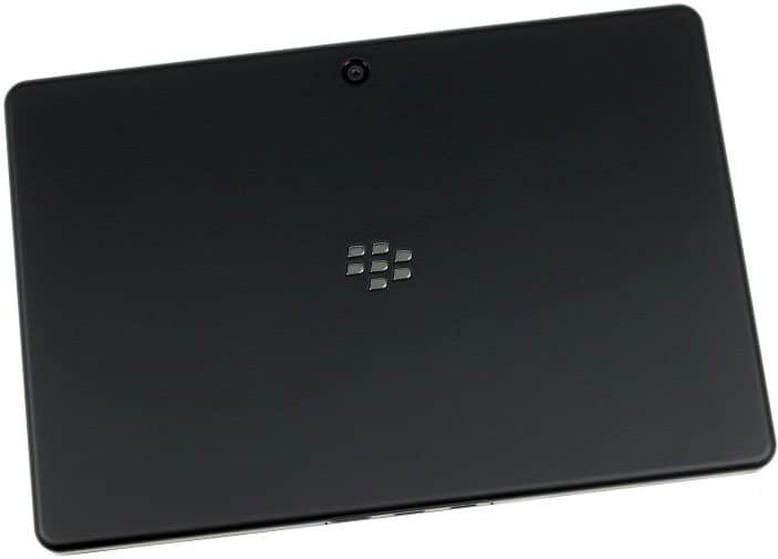 Rear view of a black tablet with top-center camera and BlackBerry logo centered on the back.
