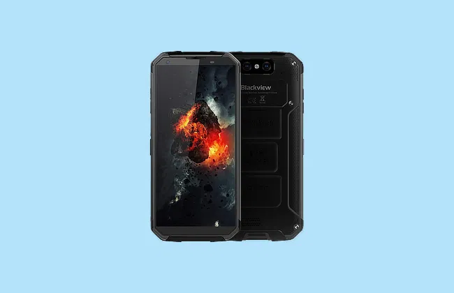 Blackview rugged smartphone shown front and back on a light blue background, screen displaying a fiery explosion graphic.
