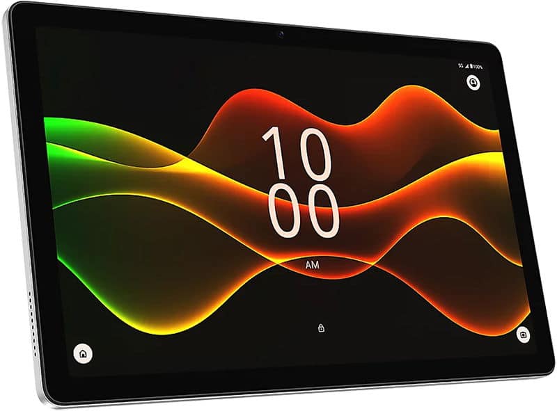 Black tablet, likely Samsung Galaxy Tab, front angled view with colorful wavy display showing 10:00 AM on white background.