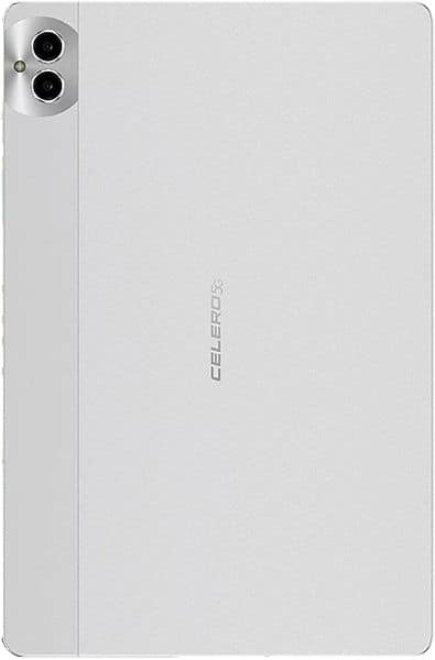 Boost Celero 5G tablet rear view, silver finish with dual cameras top left and "CELERO 5G" vertically centered on back.
