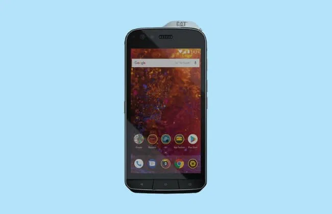 Front view of a rugged CAT smartphone on light blue background, screen displaying app icons and colorful wallpaper.