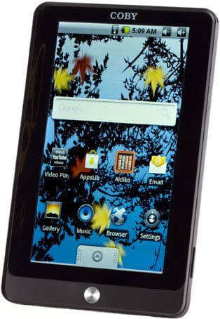 Coby tablet front view showing home screen with Video Play, Gallery, Music, Browser, and Settings apps; tree wallpaper background.