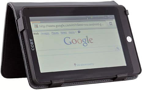 Front view of a black Coby tablet in a folio case, landscape mode, displaying the Google search homepage on screen.