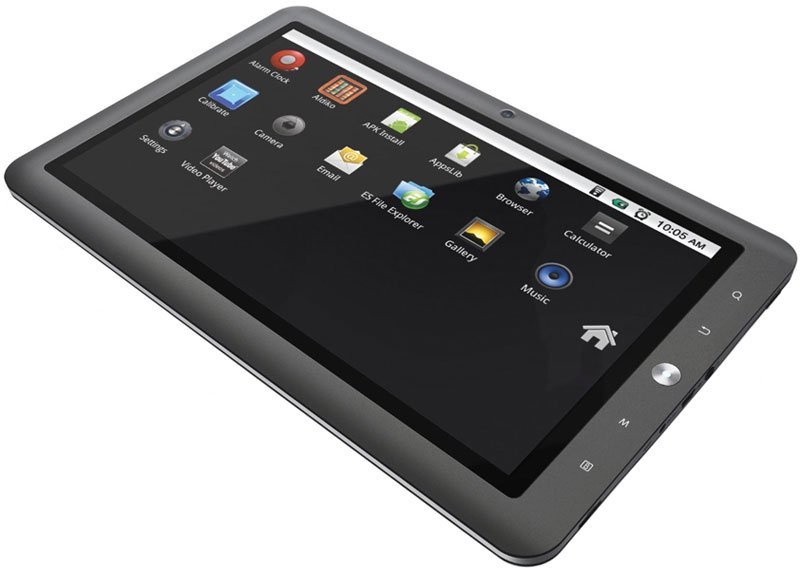 Front view of black tablet, likely Samsung Galaxy Tab, showing app icons and 10:05 AM on the display in the top right corner.