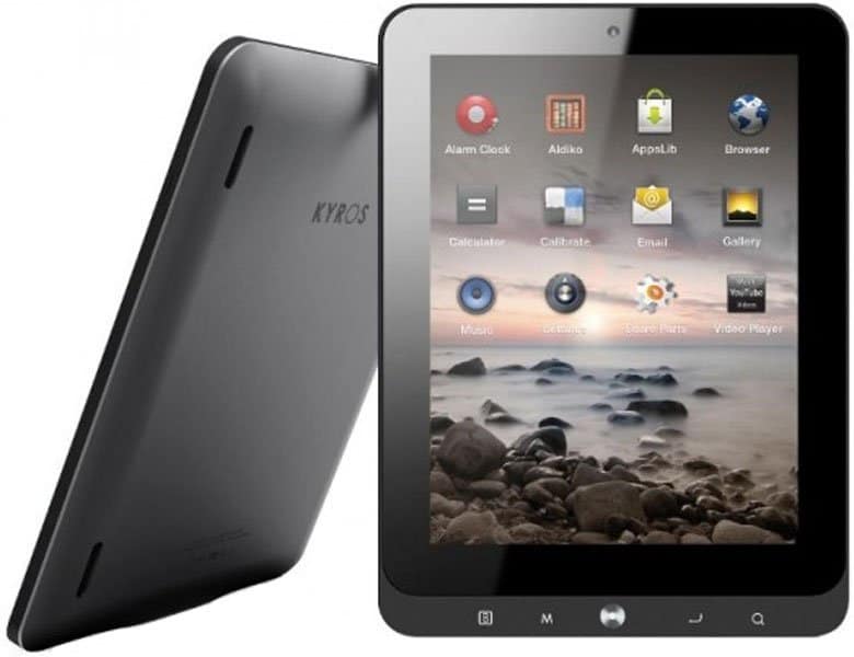 Front and back views of black KYROS tablets; the front shows a nature wallpaper and app icons, the rear highlights branding.
