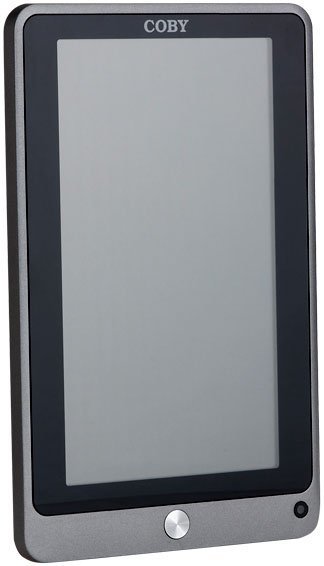 Front view of black Coby tablet with blank touchscreen, single round home button, and indicator light in lower right corner.