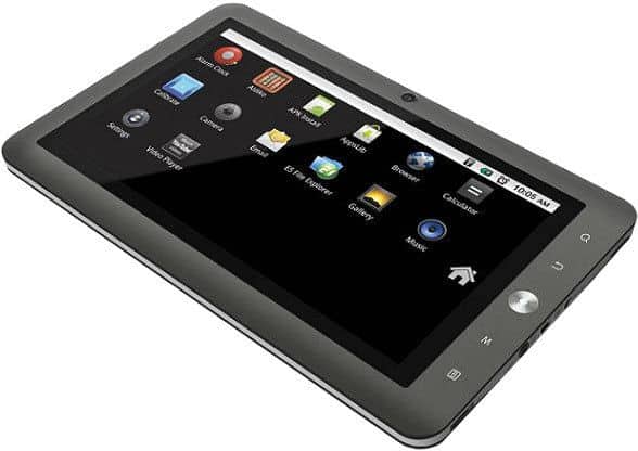 Black Android tablet, front view angled left, with touchscreen displaying app icons and black bezel. Brand/model not specified.