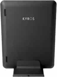 Coby KYROS tablet rear view, upright on a rectangular base with branding visible, shown against a plain background.