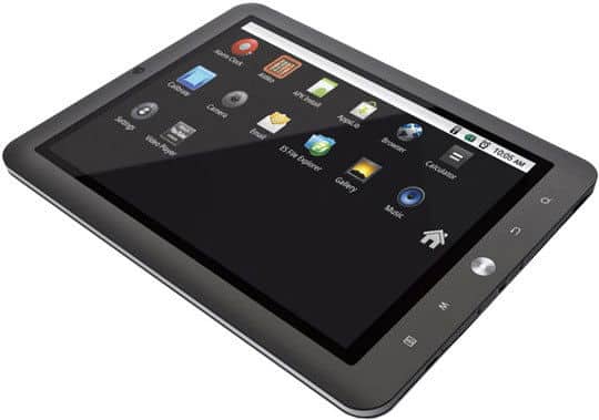Black tablet angled to show front display with app icons; volume and home buttons visible on right edge.
