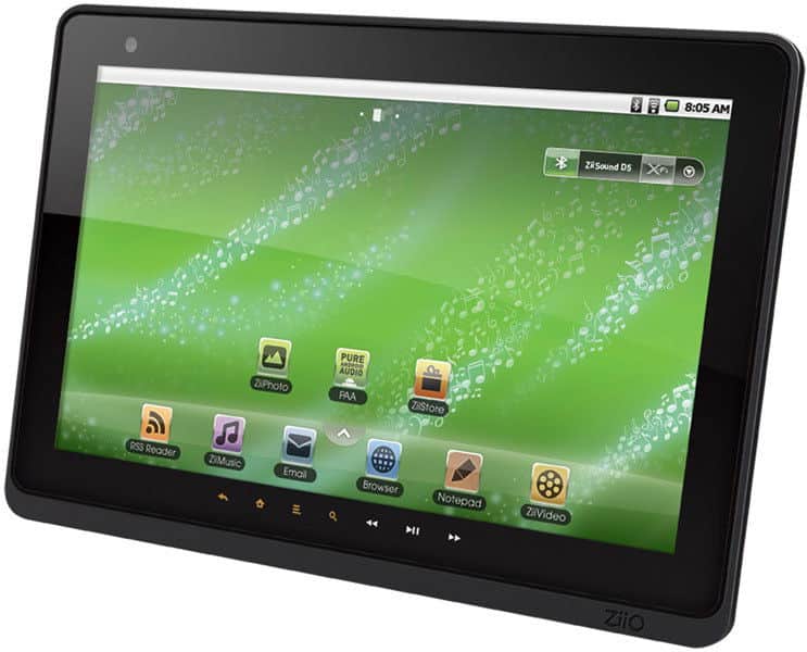 Front view of black Creative ZiiO tablet showing green abstract wallpaper, app icons, and 8:05 AM on the screen.