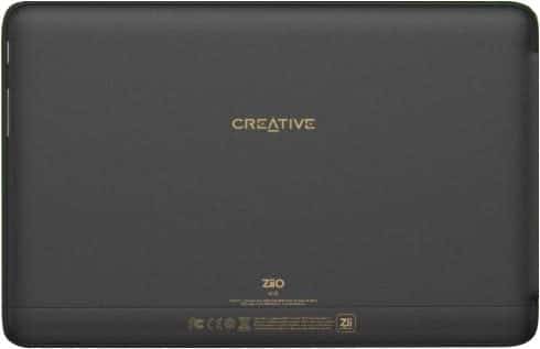 Rear view of Creative Ziio tablet, black finish with gold "CREATIVE" logo at center and technical details along the bottom.