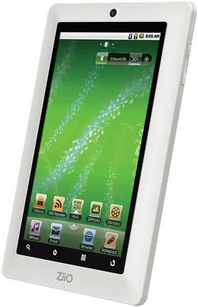 Front view of white Creative ZiiO tablet with green home screen, app icons, and 8:05 AM displayed on the clock.