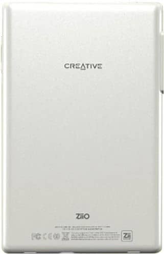 Rear view of silver Creative Ziio tablet showing "CREATIVE" logo at top and "Ziio" branding with regulatory info at bottom.